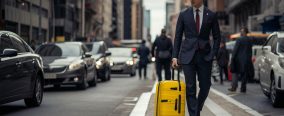 man-suit-is-walking-down-street-with-yellow-suitcase